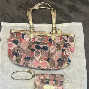 Coach Signature Multicolor Canvas Tote with Gold Leather Trim